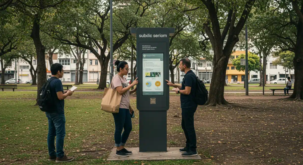 Pessoas interagindo com um totem inteligente em um parque urbano no Brasil, acessando informações e serviços públicos digitais.