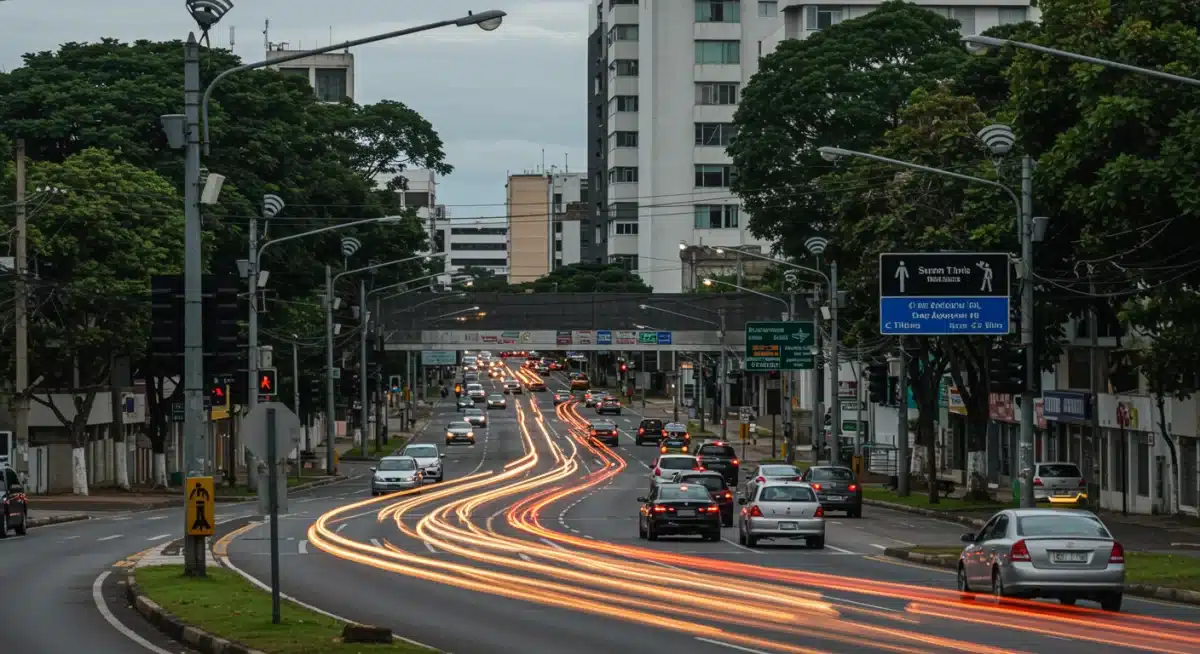 Sistema de gestão de tráfego inteligente em uma cidade brasileira, com sensores e painéis digitais otimizando o fluxo de veículos.